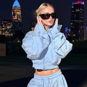 Custom Unisex Rhinestone Hoodie <b>Set</b> Streetwear Crop Hoodie Fleece Jacket OEM Custom Rhinestone Made By <b>Twin</b> City - Product Image 1