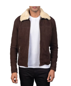 <b>Men's</b> Brown Suede Bomber <b>Jacket</b> With Faux Fur Collar Zipper Closure Winter Moto Style Thick Regular Fit - Product Image 2