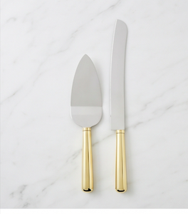 Ensemble de 2 couteaux et spatules à gâteau en acier inoxydable avec manche en laiton doré pour cérémonie de mariage et usage domestique - Product Image 1