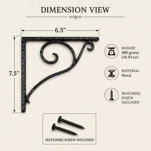 SHUBHAM <b>Black</b> Iron Decorative Wall Mounted <b>Shelf</b> <b>Bracket</b> Metal Hanging Rail Ornamental Storage Support for Home Display - Product Image 6
