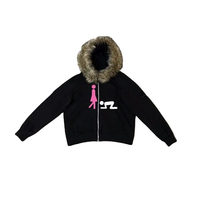 Sweat-shirt à capuche zippé noir pour femme Fasmic International avec col en fausse fourrure et imprimé graphique rose et blanc, style streetwear d'hiver