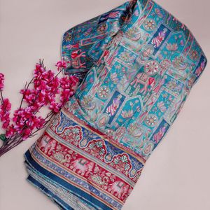 Tissu jacquard brodé bleu aqua avec motif floral et bordure éléphant pour écharpes et châles pour femmes, garçons et filles - Product Image 1
