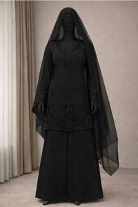 Traje Anarkali Negro Bordado para Mujer con Dupatta de Red, Largo hasta el Suelo, Estilo Modesto para Fiesta, Estilo Indio Pakistaní, Corte Regular - Product Image 3