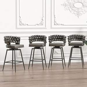 Technical Woven <b>Leather</b> Bar Stool Set 2pcs 360 Swivel Counter Stools <b>Arm</b> <b>Chairs</b> Footrest Tan Color <b>Black</b> Legs No Adjustable - Product Image 4