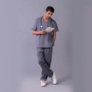 Men Gray Scrub Set V-Neck <b>Top</b> Pants Hospital Uniform Cotton Polyester Woven Needle Detection for 2026 - Product Image 5