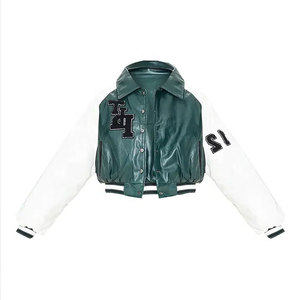 Green PU Varsity <b>Jacket</b> Turn-down Collar Embroidered Letter Patch Regular <b>Sleeve</b> Preppy Style <b>Short</b> Length Unisex Autumn Wear - Product Image 5