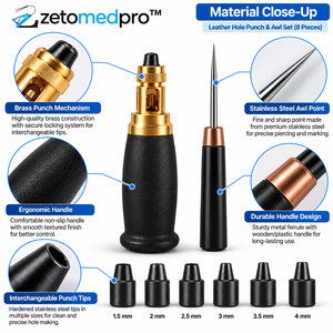 8 Piece <b>Leather</b> Hole <b>Punch</b> and Awl Set Stainless Steel Interchangeable Tips 1.5-4mm Black Customized Leathercraft Tool ZETOMEDPR - Product Image 3