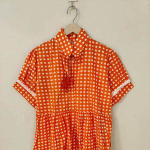 Vestido de Algodón Naranja para Mujer, Vestido Corto de Verano con Cuello y Manga Corta Hecho a Mano, Túnica Informal Estilo Boho - Product Image 1