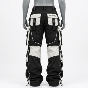 <b>Mens</b> Black <b>White</b> <b>Cargo</b> Pants With Contrast Panels Multi Pocket Design Adjustable Buckle Straps Baggy Utility Streetwear <b>Trousers</b> - Product Image 3