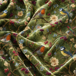 Cortinas Opacas de Terciopelo Verde con Diseño Floral y Apliques de Aves para Sala de Estar - Product Image 5