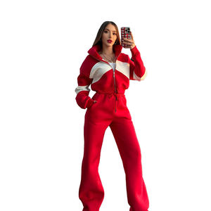 Ensemble de survêtement deux pièces en molleton de coton pour femme, avec sweat à capuche zippé color block rouge et pantalon large, style streetwear tendance - Product Image 6