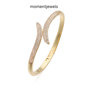 Gold Color Open Cuff <b>Bangle</b> Zircon Inlaid Geometric Bracelet 18K Gold Plated <b>Copper</b> Jewelry for Wedding Party - Product Image 3
