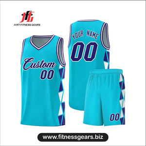 Ensemble de maillots de basket-ball personnalisés Just Fitness Gears, turquoise et violet, col en V, sans manches, en mesh, uniforme respirant pour adultes - Product Image 3