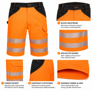 Pantalones cortos de trabajo reflectantes personalizados en naranja fluorescente, negro y plateado para hombre, con múltiples bolsillos, duraderos, ropa de trabajo de verano, pantalones cortos de alta visibilidad. - Product Image 4