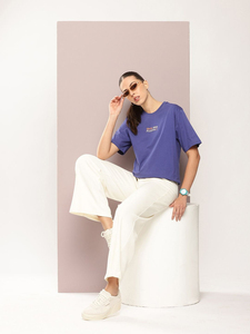 เสื้อยืดผ้าฝ้ายสีม่วงสำหรับผู้หญิงคอกลมทรงหลวมลำลองแขนสั้นสวมใส่ในฤดูใบไม้ผลิฤดูร้อน - Product Image 5