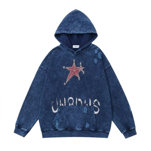 Sudadera con Capucha Estilo Acid Wash – Tejido Grueso de 400 GSM, Estilo Urbano Oversize – Sudadera Negra Vintage con Gráfico de Estrella y Detalles Desgastados - Product Image 3