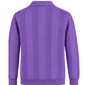 Purple <b>Mens</b> <b>Long</b> <b>Sleeve</b> Knit <b>Polo</b> Sweater Textured Vertical Stripe Pattern Ribbed Collar Casual Premium Pullover <b>Shirt</b> - Product Image 2