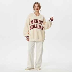 <b>Women's</b> Cream <b>V</b> <b>Neck</b> Oversized <b>Sweatshirt</b> Merry Holiday Print Drop Shoulder Long Sleeve Winter Casual Knitted Pullover - Product Image 1