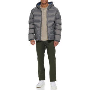 Gray Hooded Puffer <b>Jacket</b> Windproof Zipper Closure Polyester Winter Coat Casual Style Regular Fit - Product Image 5