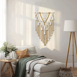 Yellow Boho Macrame <b>Wall</b> Hanging Tapestry Cotton Rope Geometric Tassel <b>Wall</b> <b>Decor</b> for Bedroom Living Room Nursery 12 x 30 inches - Product Image 2