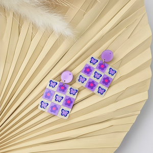 Orecchini pendenti alla moda con design quadrato dipinto e motivo a farfalla viola, set da 12 pezzi - Product Image 2