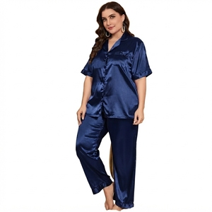 Ensemble pyjama 2 pièces en satin pour femmes, manches courtes, longueur complète, couleur unie, col rabattu, vêtements de nuit élégants, vêtements d'automne - Product Image 1