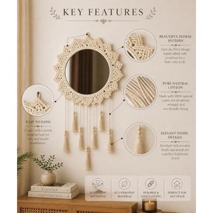 Espejo de Pared Rectangular Bohemio de Madera de Acacia Aqdus Saleem, Diseño Sunburst, Ecológico, Hecho a Mano con Macramé, Venta al Por Mayor - Product Image 6