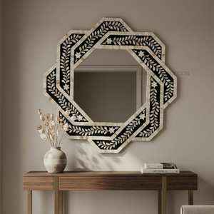 Handmade Wooden Decorative <b>Mirror</b> Irregular <b>Framed</b> Bohemian Style Wall <b>Mirror</b> With Black And <b>White</b> Inlay Design - Product Image 1