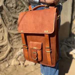 Exclusive Brown College Rucksack Cowhide <b>Leather</b> <b>Backpack</b> Real Cowhide Front Buckle Pocket Vintage Laptop Knapsack For Unisex - Product Image 2