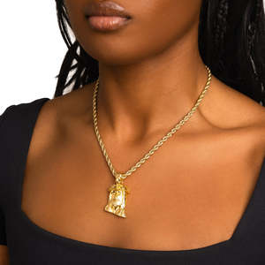 Collier avec pendentif tête de Jésus en or |   Pendentif poli avec visage de Jésus religieux |   Pendentif chrétien Hip Hop avec chaîne en corde - Product Image 2