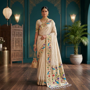 Sari en soie crème avec motifs floraux et de paon, tissage Meenakari, tenue de mariage indienne traditionnelle pour femmes - Product Image 1