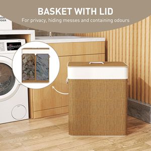 Moderno Cesto per Bucato in Bambù da 26,4 Galloni, Doppio Cesto con Fodera Rimovibile e Manici in Corda per Bagno, Colore Marrone - Product Image 5
