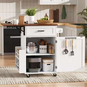 Isola da Cucina Stile Fattoria con Ruote, Un Cassetto, Ripiano Laterale Aperto e Portasciugamani, 39.3" con Piano Ribaltabile - Product Image 1