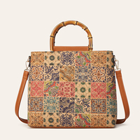 Sac fourre-tout en cuir PU pour femmes, poignée supérieure en bambou, bandoulière amovible, sac à bandoulière vintage à fleurs, grande capacité avec fermeture éclair