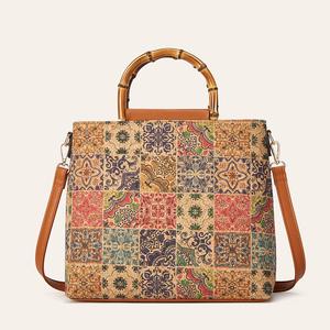 Sac fourre-tout en cuir PU pour femmes, poignée supérieure en bambou, bandoulière amovible, sac à bandoulière vintage à fleurs, grande capacité avec fermeture éclair - Product Image 3