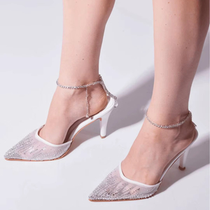 Mesh Beaded Stiletto Heels | Elegant Pointed Toe Evening <b>Pumps</b> with Ankle Chain | Designer <b>Black</b> Mesh Party Heels (3.5 Inches) - Product Image 1