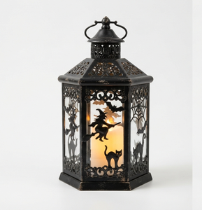 Lanterne d'Halloween en métal noir durable avec motif silhouette de sorcière et d'oiseau pour la décoration de la maison, lanterne d'Halloween vintage - Product Image 6