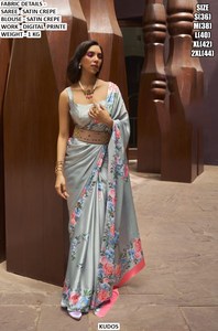Blue Petal Grace Wedding Diwali <b>Satin</b> Crepe Wrinkle Free Moisture Wicking Saree - Product Image 3