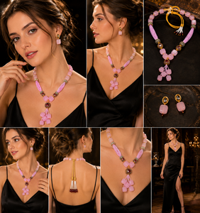 Conjunto de Joyería Étnica Estilo Bohemia con Borlas de Resina Rosa, Collar, Aretes y Anillo, Chapado en Oro, para Mujer, Ideal para Bodas - Product Image 5