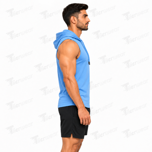 Camiseta sin mangas con capucha azul para hombre, de poliéster de secado rápido, chaleco deportivo informal con logo estampado frontal, camiseta con capucha para hombre - Product Image 3