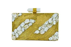 Gold Metal <b>Clutch</b> with Diagonal Textured Pattern Shell Inlay Crystal <b>Pearl</b> Accents Luxury Handcrafted Designer Bag Evening - Product Image 1
