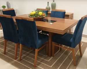 Juego de Comedor Contemporáneo de Madera Maciza con Sillas de Terciopelo Azul, Muebles de Lujo para el Hogar - Product Image 1