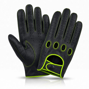 Gants de conduite en cuir de mouton noir pour hommes et femmes, coutures vertes, trous de ventilation, respirants, confortables, pour la conduite quotidienne - Product Image 3