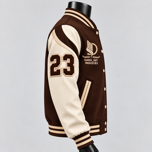 Chaqueta Varsity de Invierno Ecológica para Hombre, Color Marrón y Blanco, con Logotipo Personalizado Bordado OARH INT INDUSTRY, Estilo Preppy, Cuello Camisero - Product Image 5