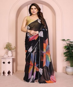 Elegante sari de poliéster con estampado digital y blusa para mujer, estilo indio, listo para usar, largo hasta el suelo, ideal para fiestas. - Product Image 1