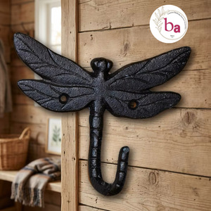Ba Dragonfly Wall Hook <b>Black</b> Metal Rustic Style Handmade Coat Hat Hanger Single Hook Animal Pattern Self-adhesive Multifunction - Product Image 1