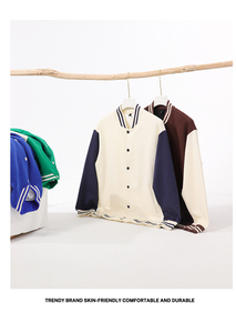 Veste de baseball en molleton avec logo personnalisé du fabricant, color-block, col rabattu, style universitaire, marron vintage, boutons-pression - Product Image 3