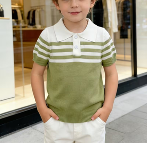 Green Striped Knitted Short Sleeve Polo Shirt Boys Casual Wear White Collar Eco-Friendly Breathable Compressed Polyester - Product Image 2
