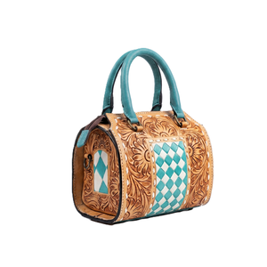 Bolso de Mano de Cuero de Lujo, Color Marrón con Cuadros Turquesa, Estilo Occidental, Asa Resistente - Product Image 1