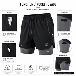 Men's Athletic Shorts With Compression Inner Liner Quick Dry Stretch Sporty Design Front Logo Pocketed 2-In-1 <b>Layer</b> - Product Image 3